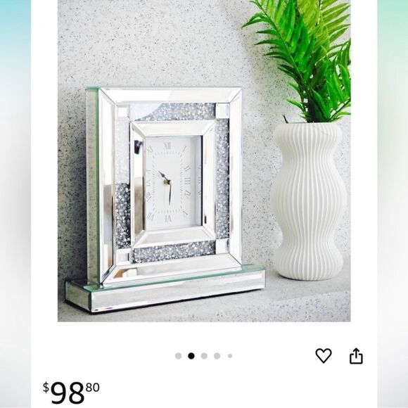 Clock Hollywood Glam Crystal Crush Diamond Mirrored 11.5” Tall 10” Base Quartz - Picture 2 of 14